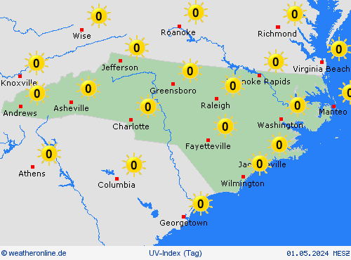 uv-index North Carolina Nordamerika Vorhersagekarten