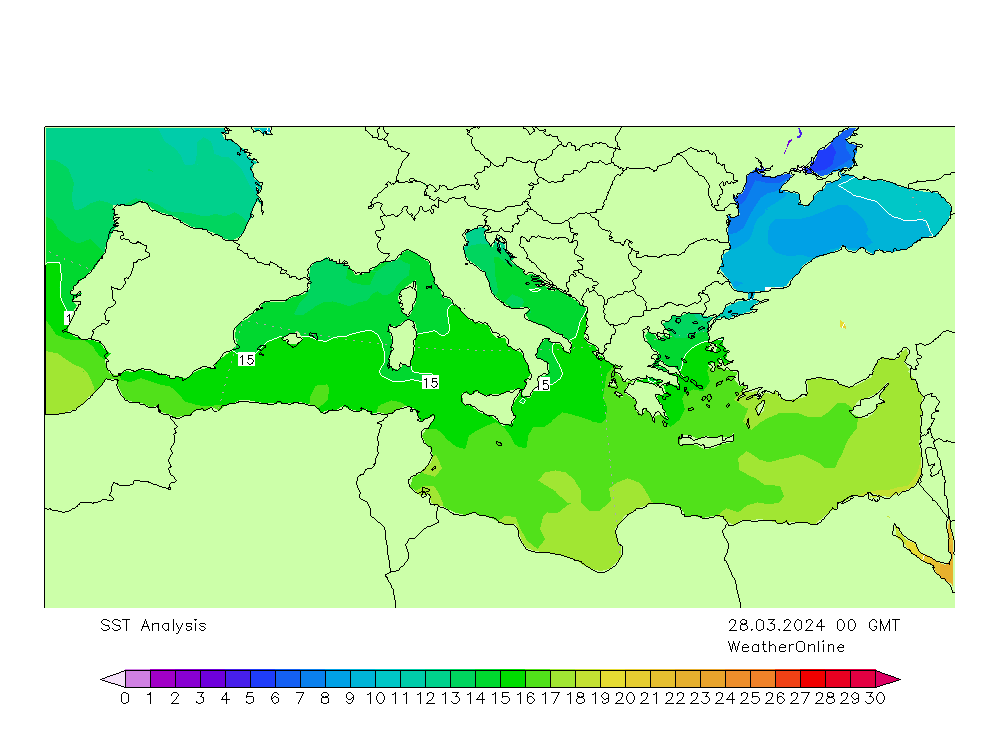 Mittelmeer SST Do 28.03.2024 00 UTC