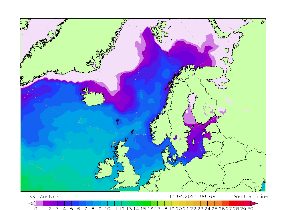 Nordatlantik SST So 14.04.2024 00 UTC