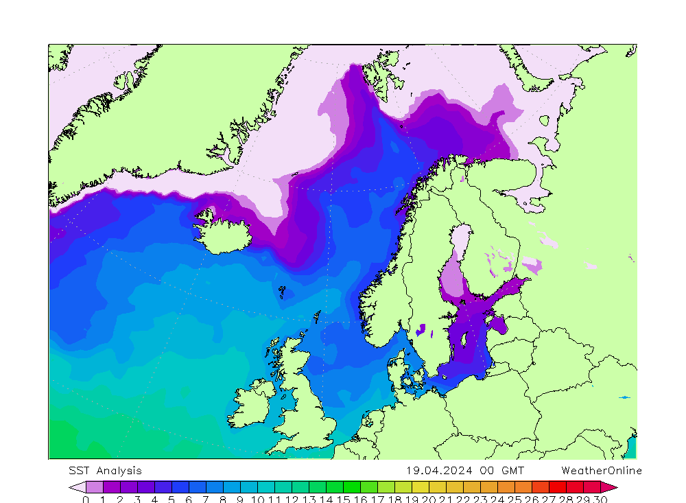 Nordatlantik SST Fr 19.04.2024 00 UTC