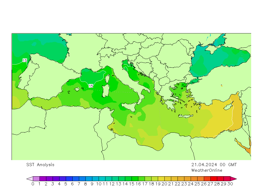Mittelmeer SST So 21.04.2024 00 UTC