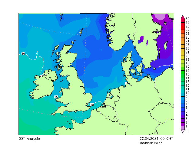 Nordsee SST Mo 22.04.2024 00 UTC