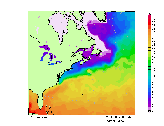 Atlantik SST Mo 22.04.2024 00 UTC