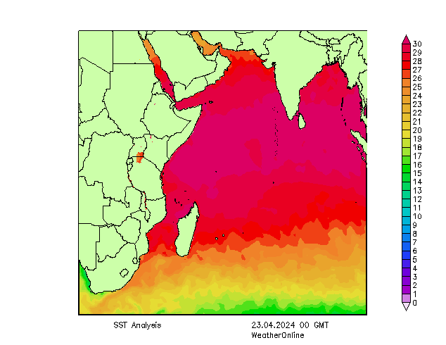 Indischer Ozean SST Di 23.04.2024 00 UTC