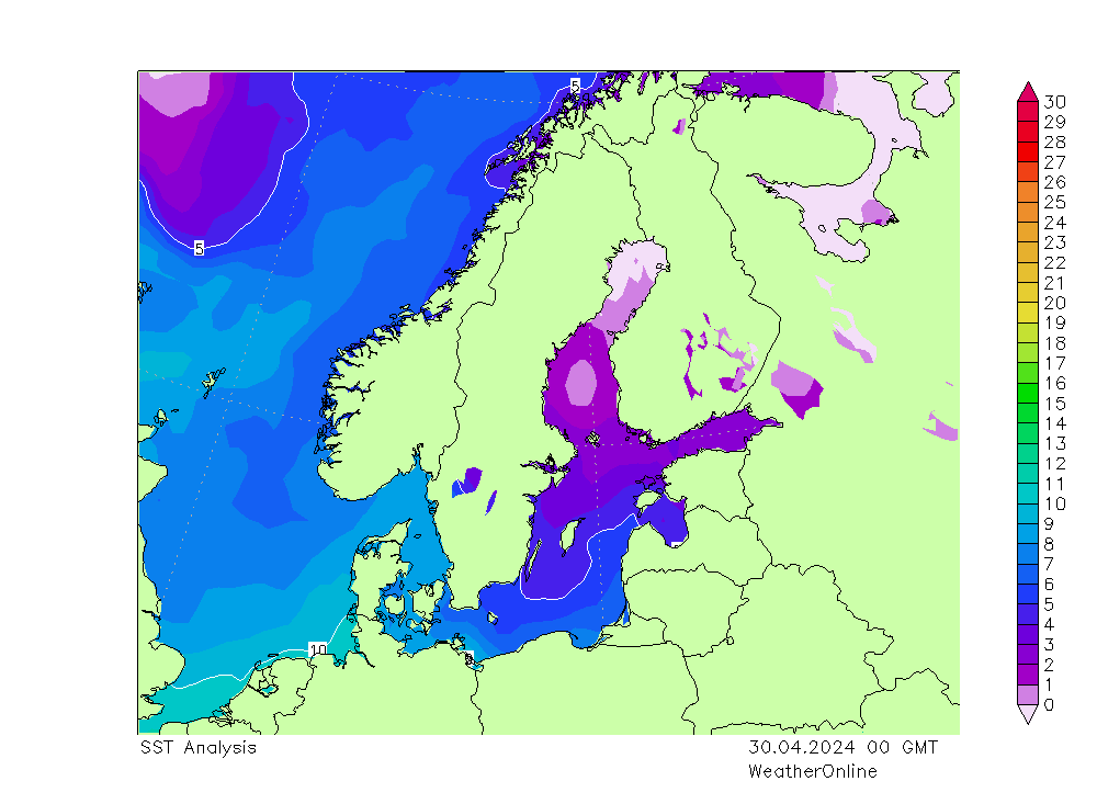 Ostsee SST Di 30.04.2024 00 UTC