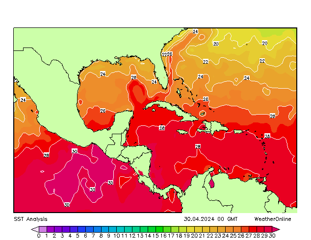 Karibik SST Di 30.04.2024 00 UTC