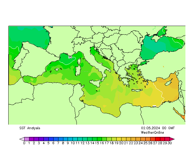 Mittelmeer SST Do 02.05.2024 00 UTC