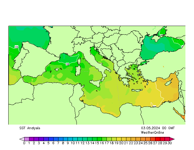 Mittelmeer SST Fr 03.05.2024 00 UTC