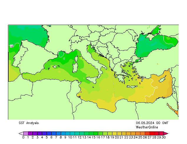 Mittelmeer SST Mo 06.05.2024 00 UTC