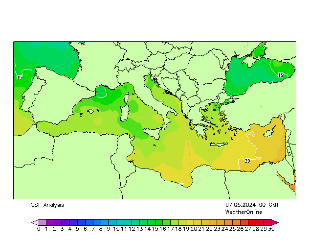 Mittelmeer SST Di 07.05.2024 00 UTC