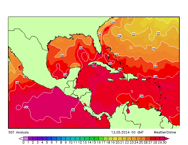 Karibik SST Mo 13.05.2024 00 UTC