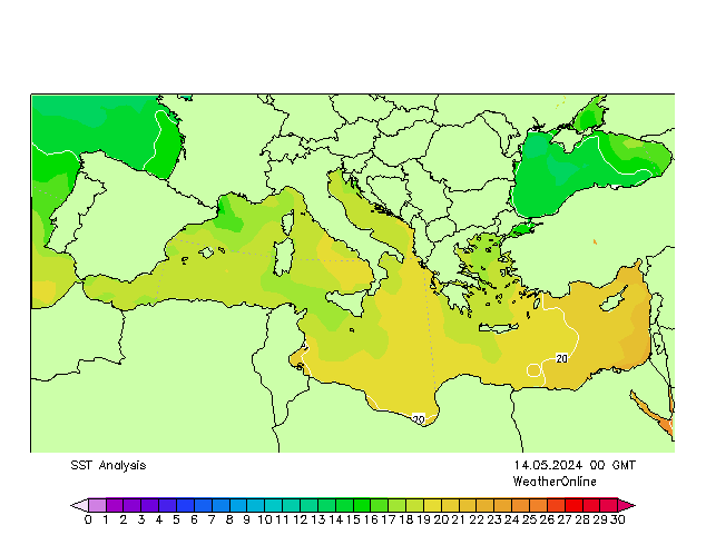 Mittelmeer SST Di 14.05.2024 00 UTC
