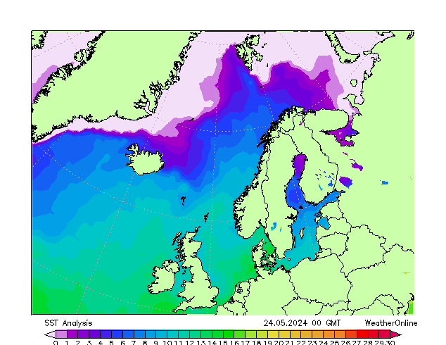 Nordatlantik SST Fr 24.05.2024 00 UTC