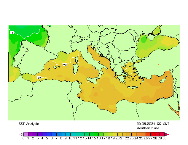 Mittelmeer SST Do 30.05.2024 00 UTC
