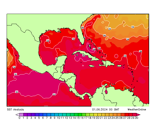 Karibik SST Sa 01.06.2024 00 UTC