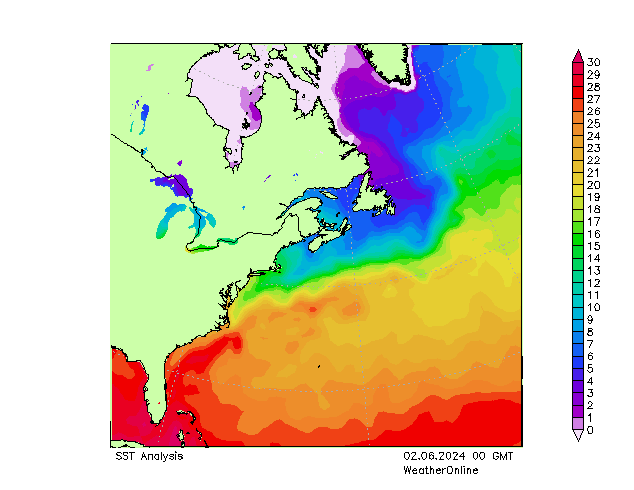 Atlantik SST So 02.06.2024 00 UTC