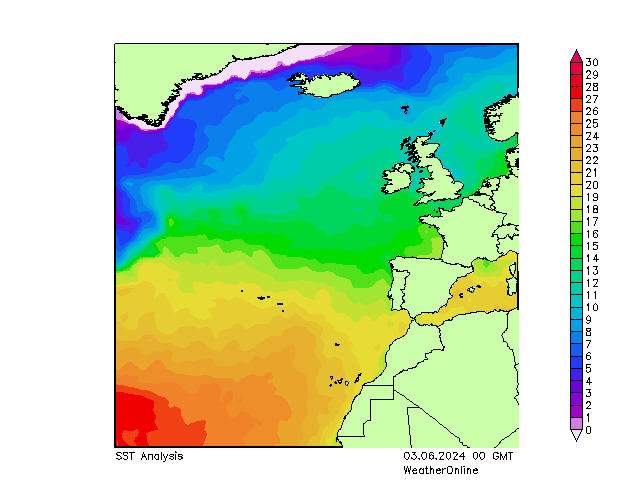 Atlantik SST Mo 03.06.2024 00 UTC
