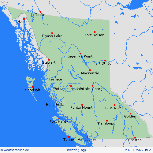übersicht British Columbia Nordamerika Vorhersagekarten