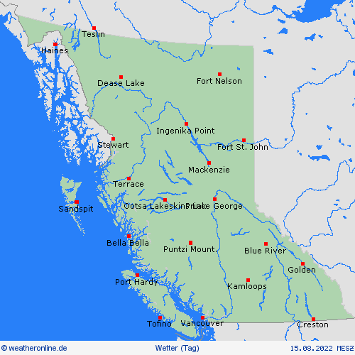 übersicht British Columbia Nordamerika Vorhersagekarten
