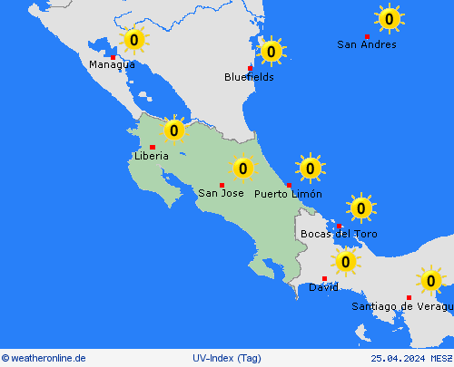 uv-index Costa Rica Mittelamerika Vorhersagekarten