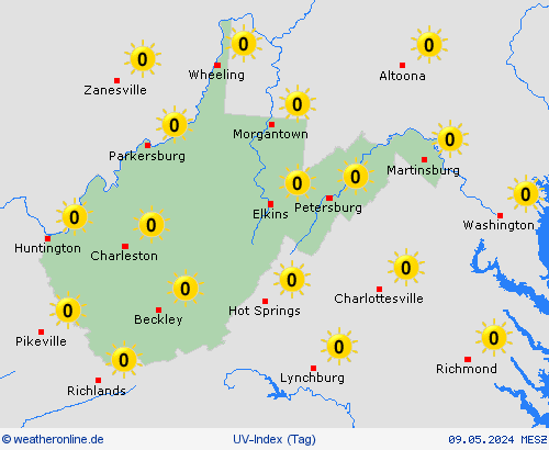 uv-index West Virginia Nordamerika Vorhersagekarten