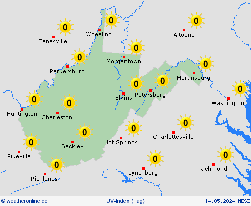 uv-index West Virginia Nordamerika Vorhersagekarten