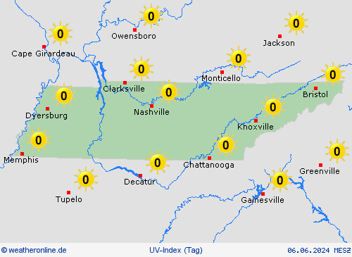 uv-index Tennessee Nordamerika Vorhersagekarten